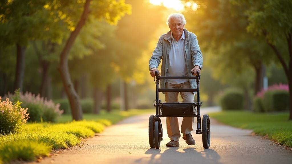 Personne âgée utilisant un déambulateur à roues dans un parc en 2026