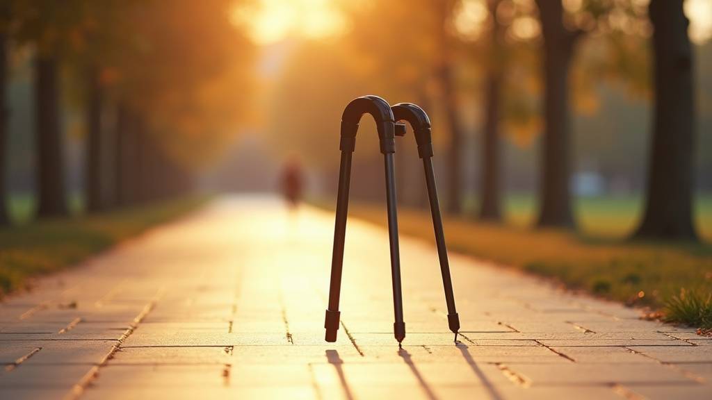 Canne quadripode avec quatre points d'appui utilisée par une personne âgée dans un couloir