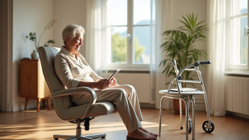 Personne âgée utilisant un fauteuil roulant électrique dans un intérieur moderne et sécurisé