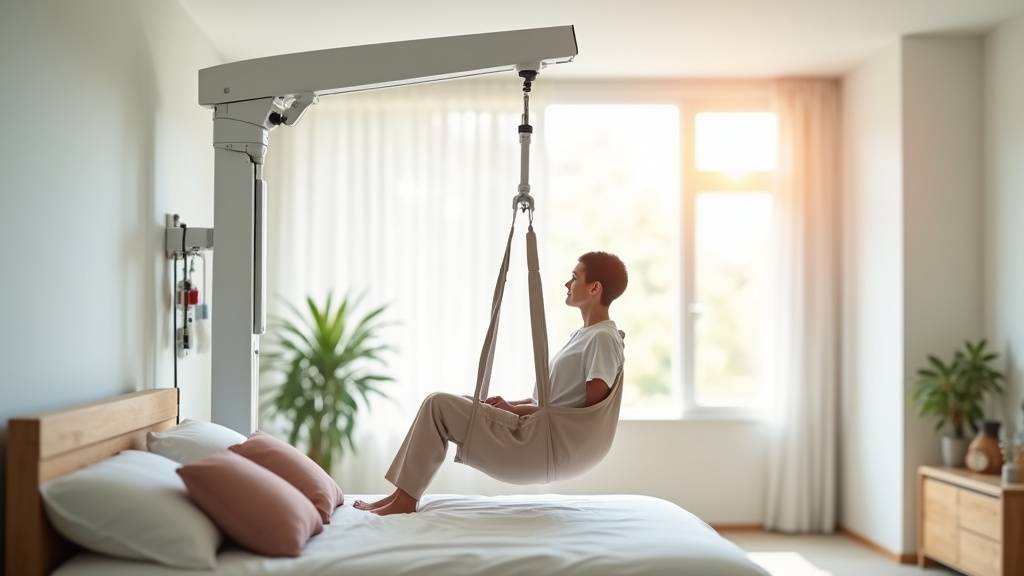 Installation de rail au plafond pour soulève-malade fixe dans une chambre