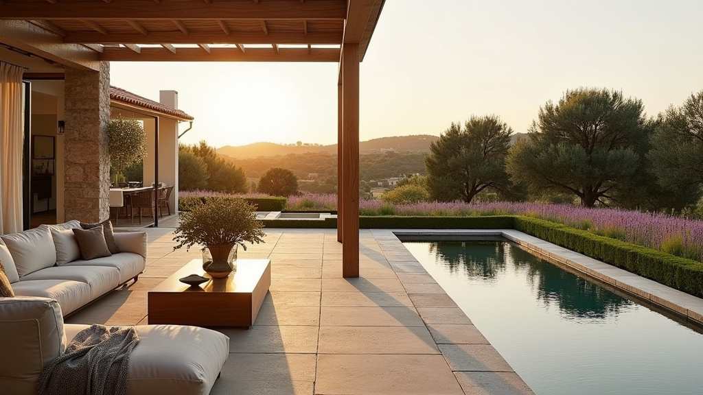 Terrasse en pierre naturelle avec éclairage intégré et mobilier design