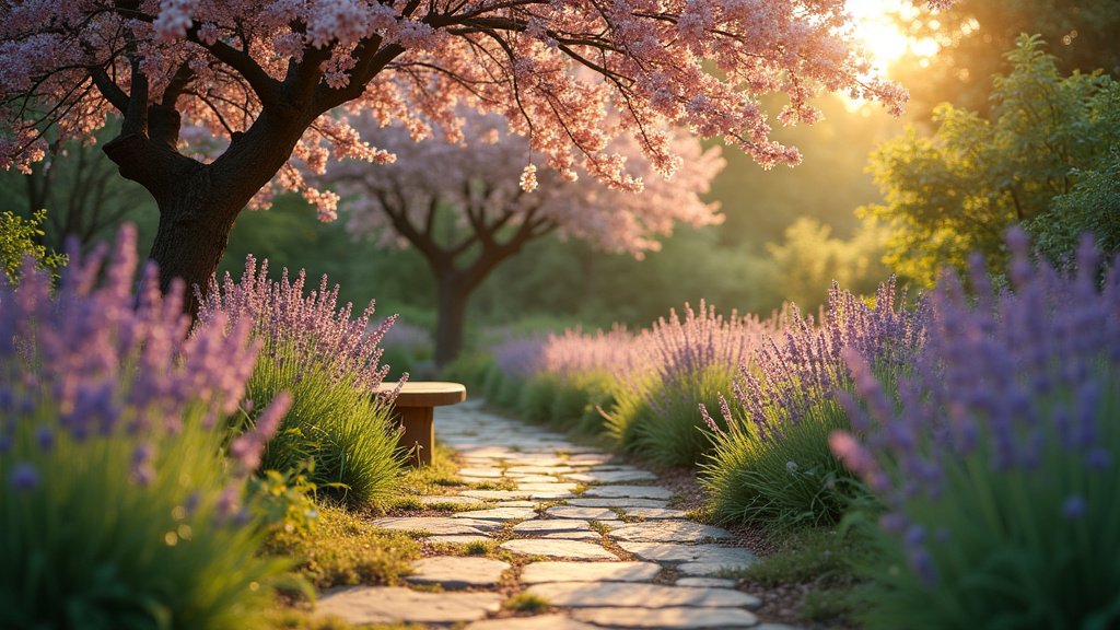 Allée de jardin en dalles avec bordures en pierre naturelle et plantes ornementales