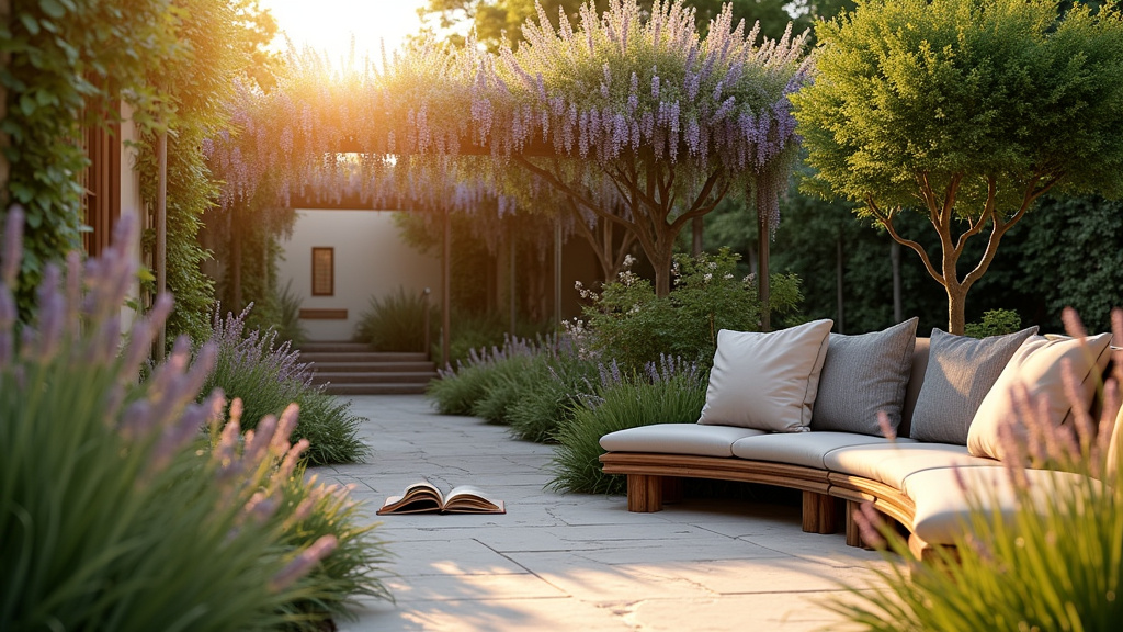Plan d'aménagement de jardin avec différentes zones fonctionnelles : terrasse, potager, pelouse et allées