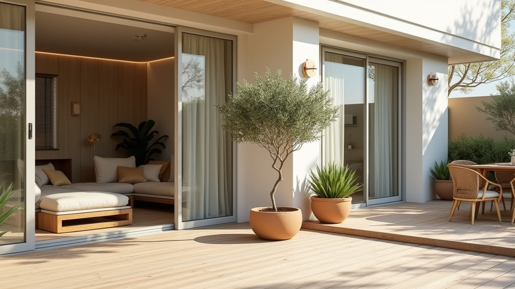 Terrasse aménagée avec mobilier de jardin design et éclairage extérieur pour créer un espace de vie prolongé