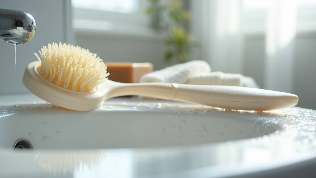Brosse lave-dos avec éponge plastique bleue en action sous la douche