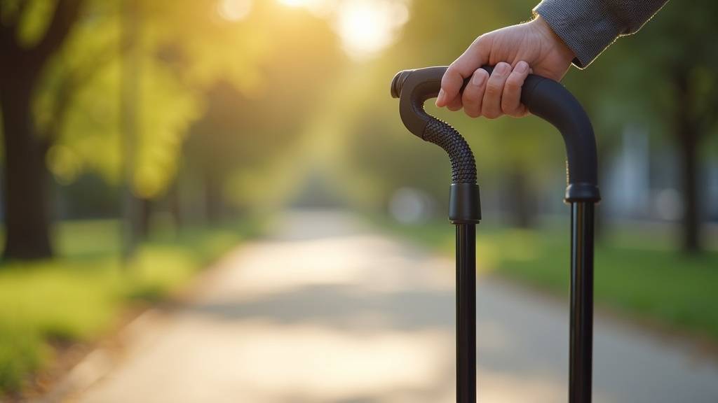 Personne âgée utilisant une canne tripode dans la rue pour plus de stabilité