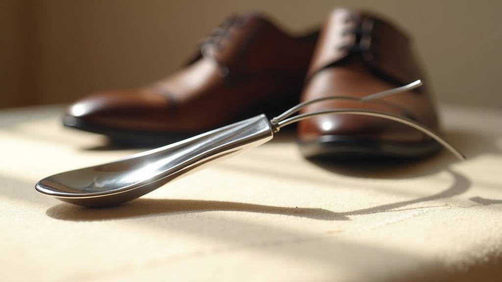 Personne âgée utilisant un chausse-pied télescopique pour enfiler ses chaussures confortablement