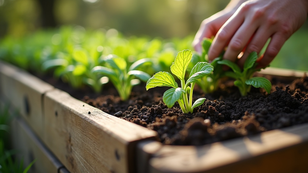 Carré potager en bois acacia sur une terrasse ensoleillée avec divers légumes en croissance