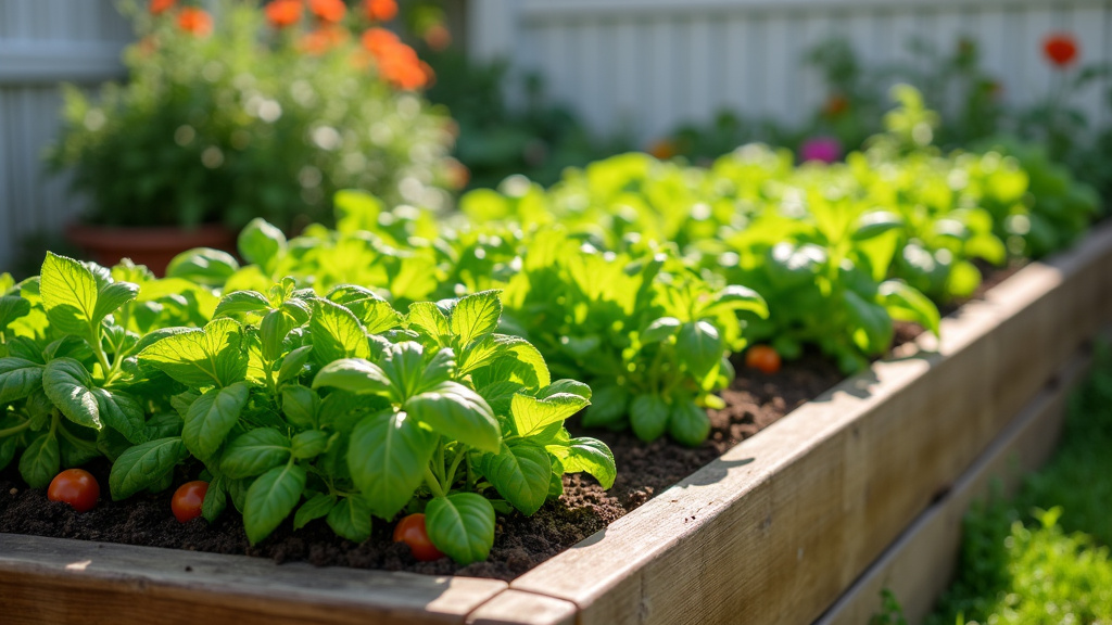 Divers légumes et herbes aromatiques cultivés dans un carré potager en bois