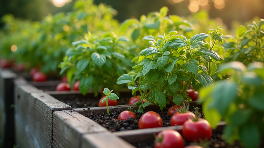 Carré potager en bois avec divers légumes et herbes aromatiques en pleine croissance
