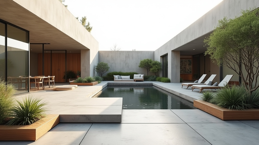 Terrasse moderne en béton ciré avec mobilier en aluminium et éclairage intégré
