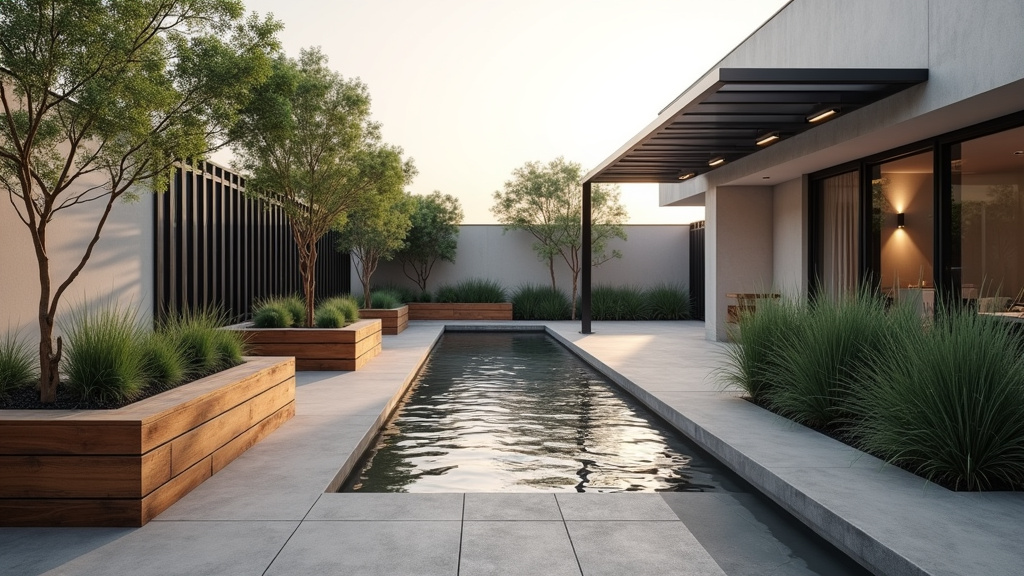 Terrasse minimaliste en béton ciré avec mobilier en aluminium