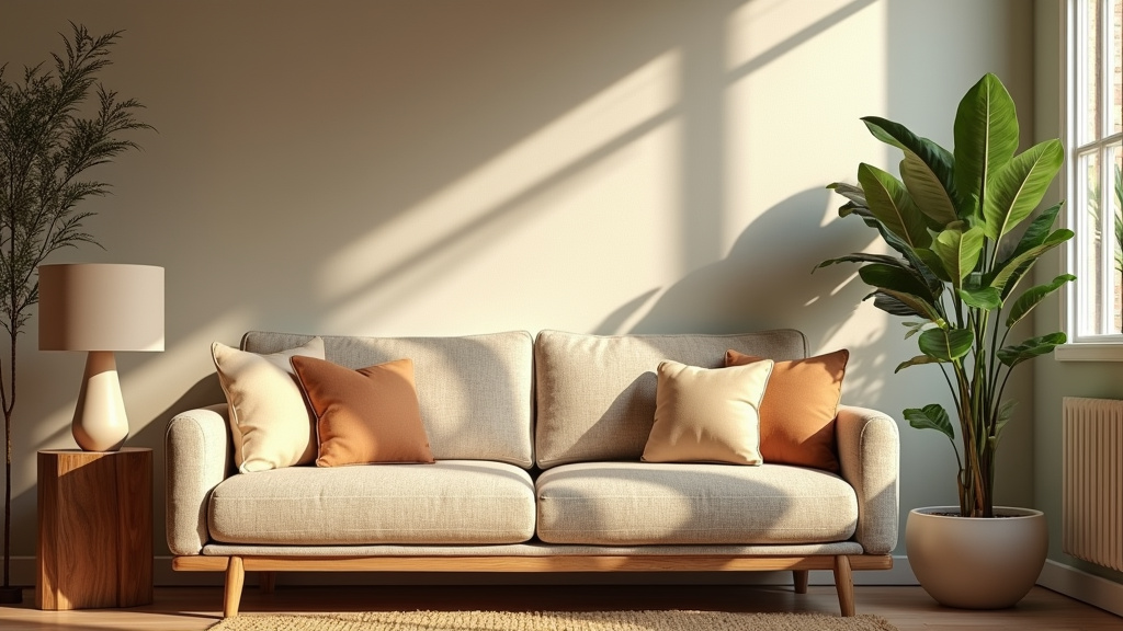 Intérieur cocooning avec plaid, coussins, plantes et lumière tamisée