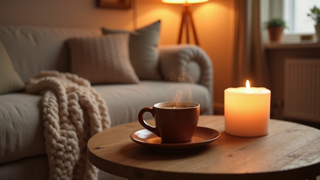 Coin lecture cocooning avec fauteuil confortable, lampe d'ambiance et bibliothèque en bois