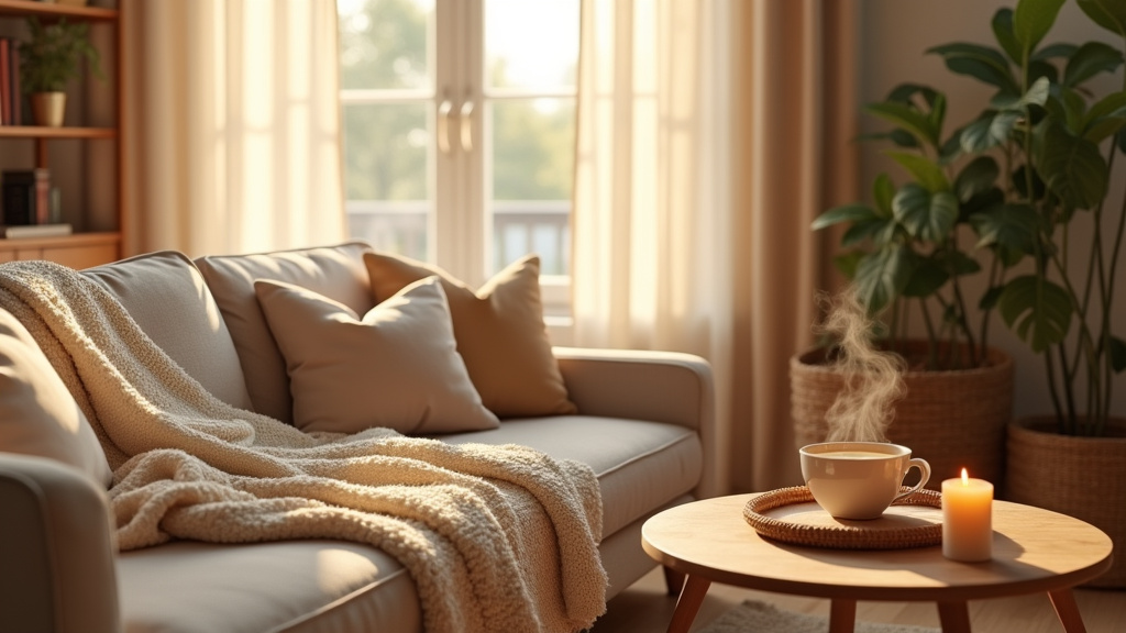 Chambre cocooning avec literie en lin, lampes d'ambiance et plantes vertes pour un espace reposant