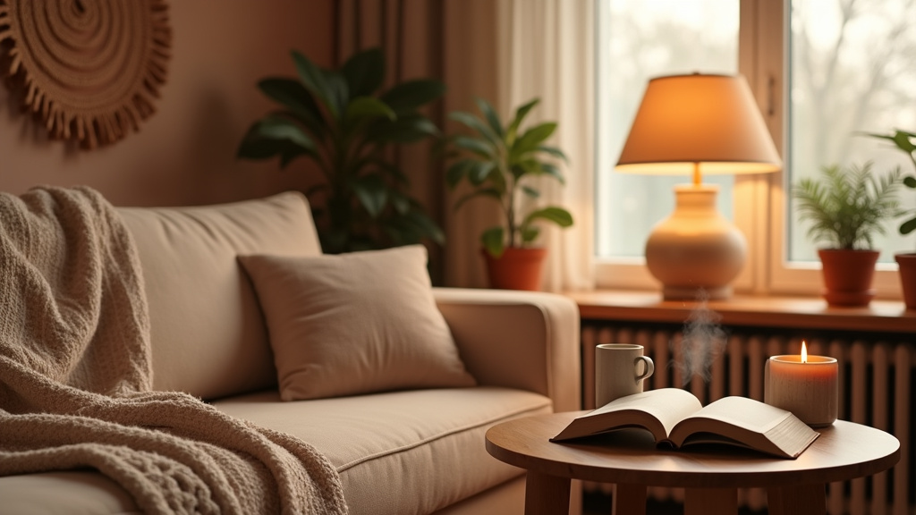 Salon cosy avec canapé en velours, plaid en laine et éclairage tamisé pour un intérieur cocooning réussi