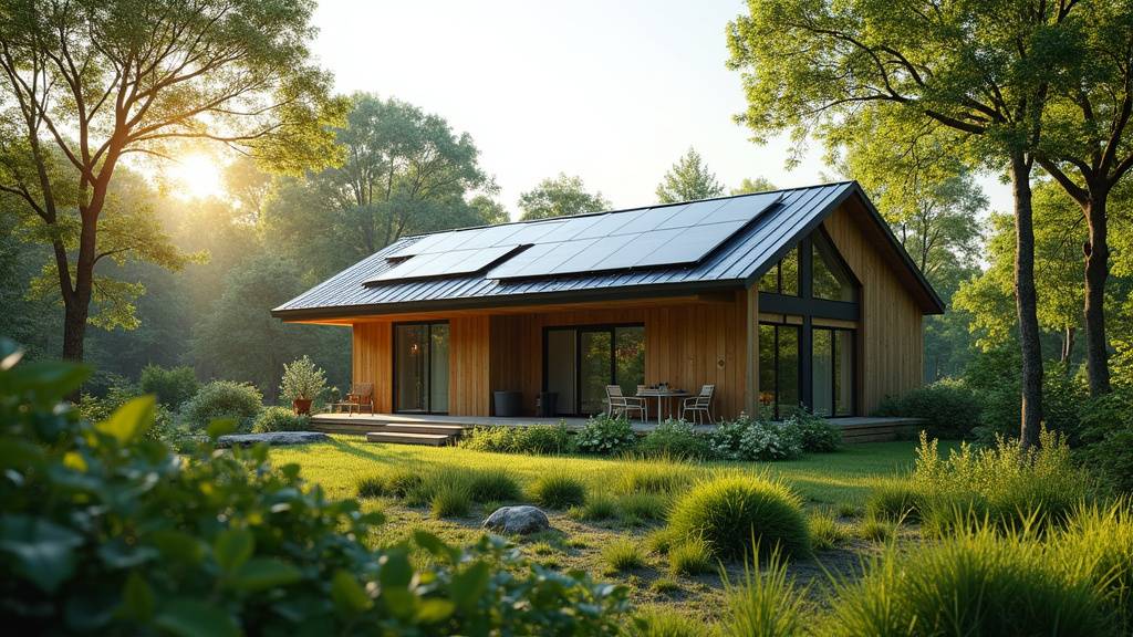 Illustration d'une maison durable avec panneaux solaires, isolation biosourcée et jardin paysager