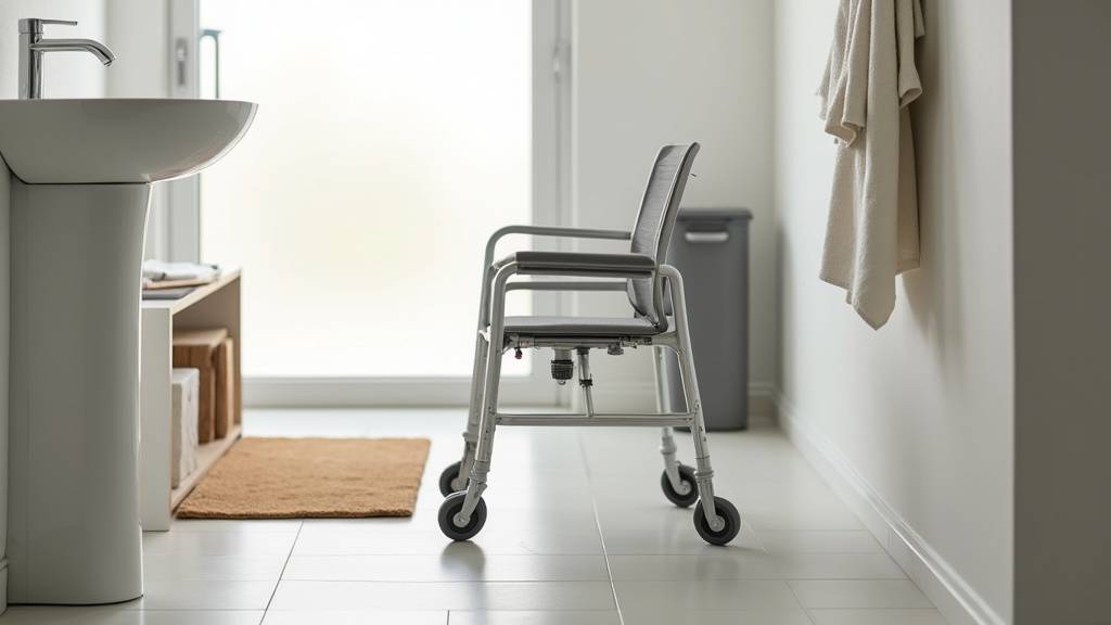 Chaise garde-robe Invacare Cascata dans une chambre avec accoudoirs et seau amovible