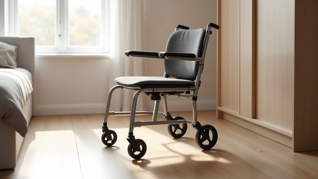 Fauteuil garde-robe à roues moderne positionné dans une chambre à côté d'un lit