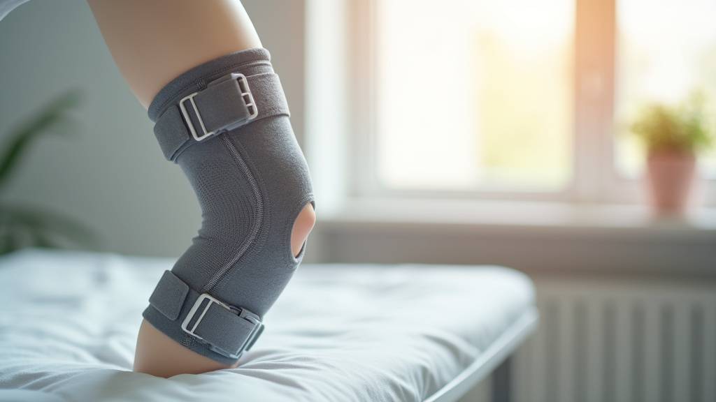 Genouillère Rhena Genu Universal utilisée par une personne âgée pour le soutien du genou