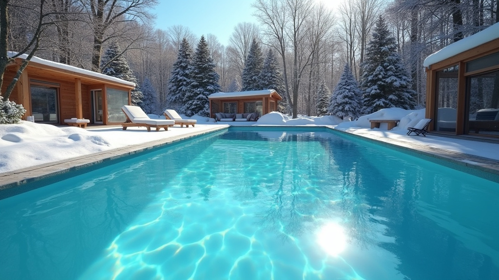 Piscine couverte avec bâche d'hivernage et équipements de protection pour l'hiver