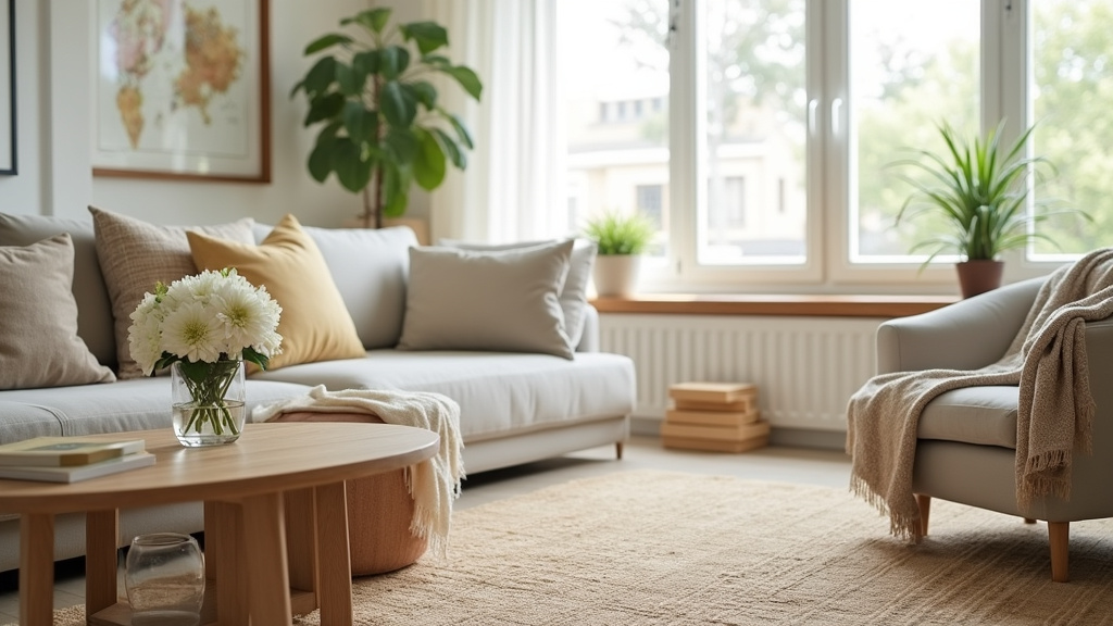 Intérieur moderne mis en scène avec home staging, montrant un salon accueillant avec mobilier épuré et éclairage chaleureux
