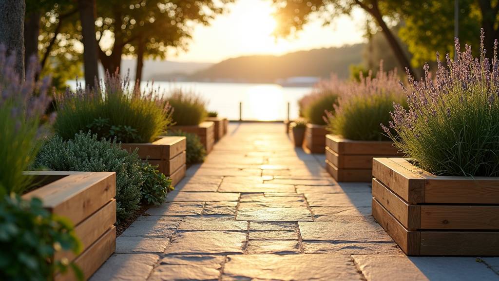 Jardin thérapeutique avec allée en pierre naturelle, bacs surélevés en bois et massifs de lavande en fleurs