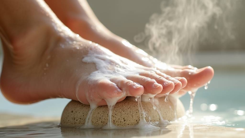 Lave-pied moussant avec pierre ponce en utilisation dans une douche