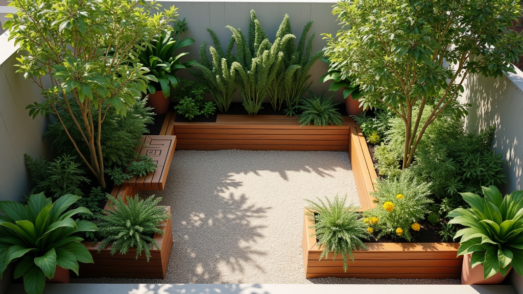Petit jardin urbain avec différents niveaux et espaces bien définis