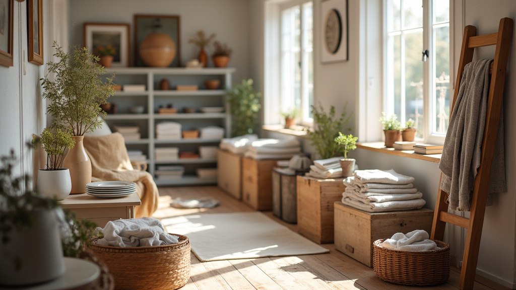 Mise en scène réussie d'un vide maison avec objets bien organisés et éclairés