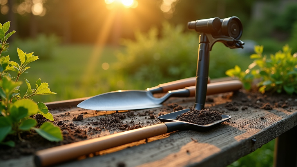 Jardinier examinant différents outils de jardinage dans un magasin spécialisé