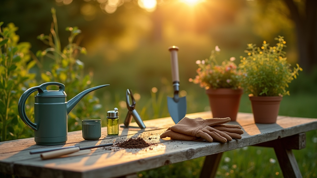 Collection d'outils de jardinage manuels sur une table en bois rustique