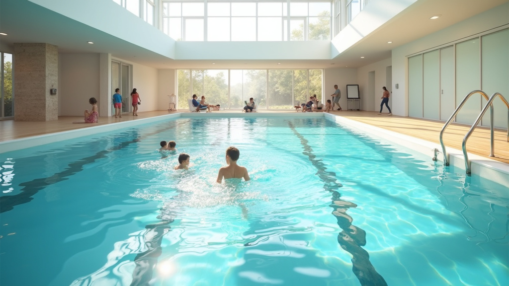 Espace extérieur de la piscine de Hautepierre avec solarium et installations de loisirs