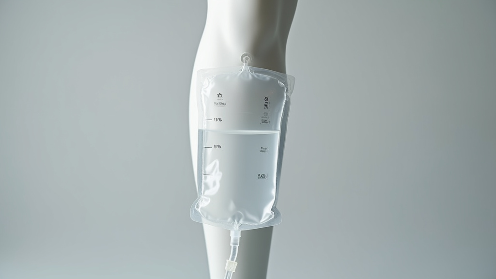 Poche à urine Urimed Tribag Plus 800ml en position d'utilisation sur jambe