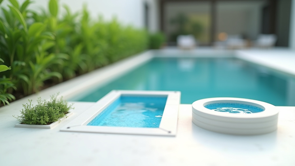 Terrasse aménagée autour d'une piscine avec mobilier de jardin et éclairage paysager
