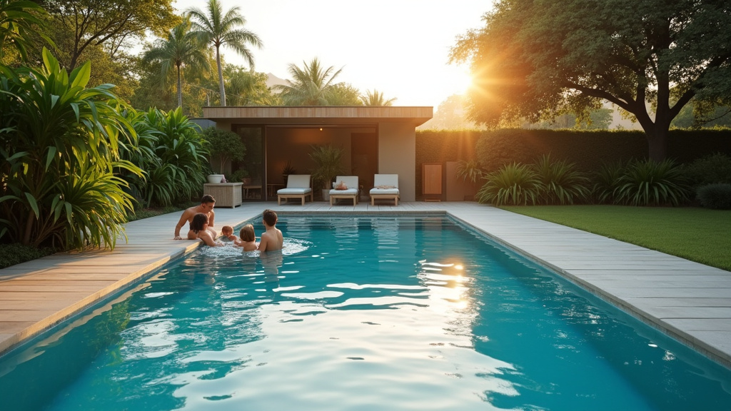 Famille profitant d'une piscine dans un jardin aménagé avec mobilier de jardin et éclairage