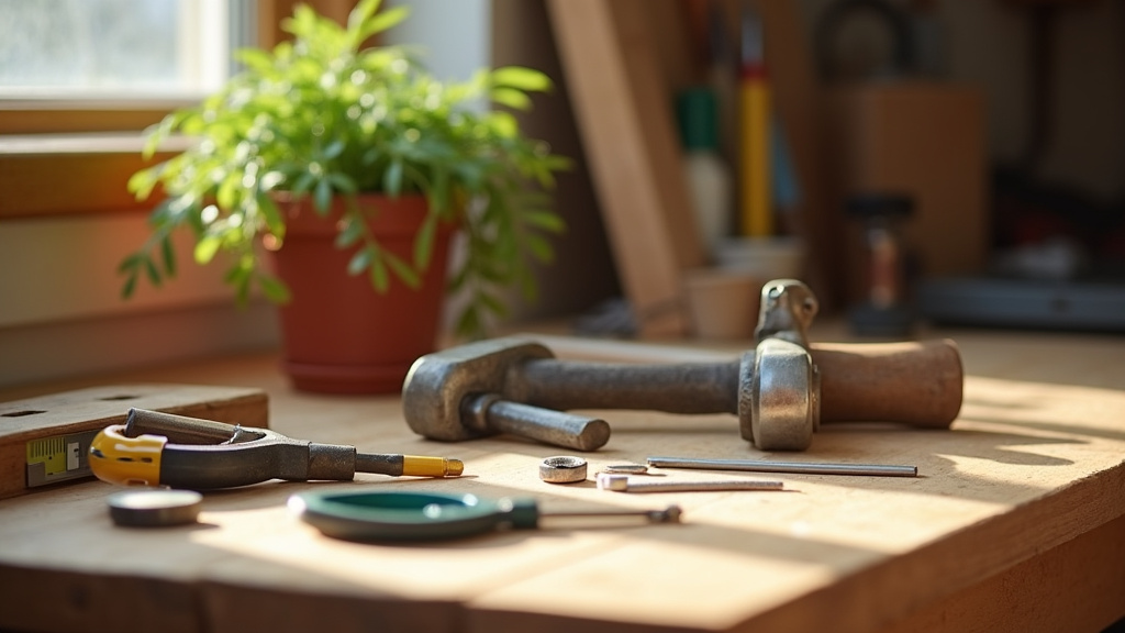 Jardin aménagé avec carré potager en bois et outils de jardinage