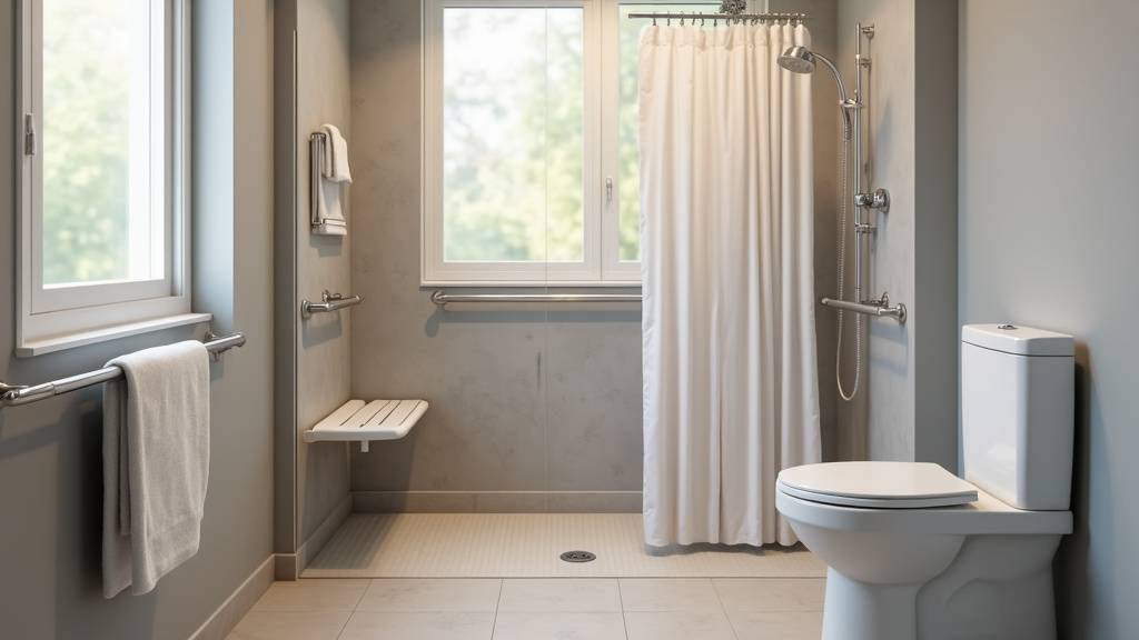 Salle de bain équipée avec douche à l'italienne, barres d'appui et revêtement antidérapant pour personnes âgées