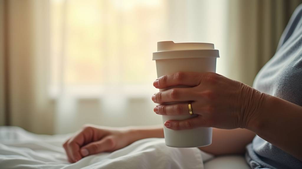 Main tremblante tenant une tasse anti-renversement avec deux anses pour stabilité