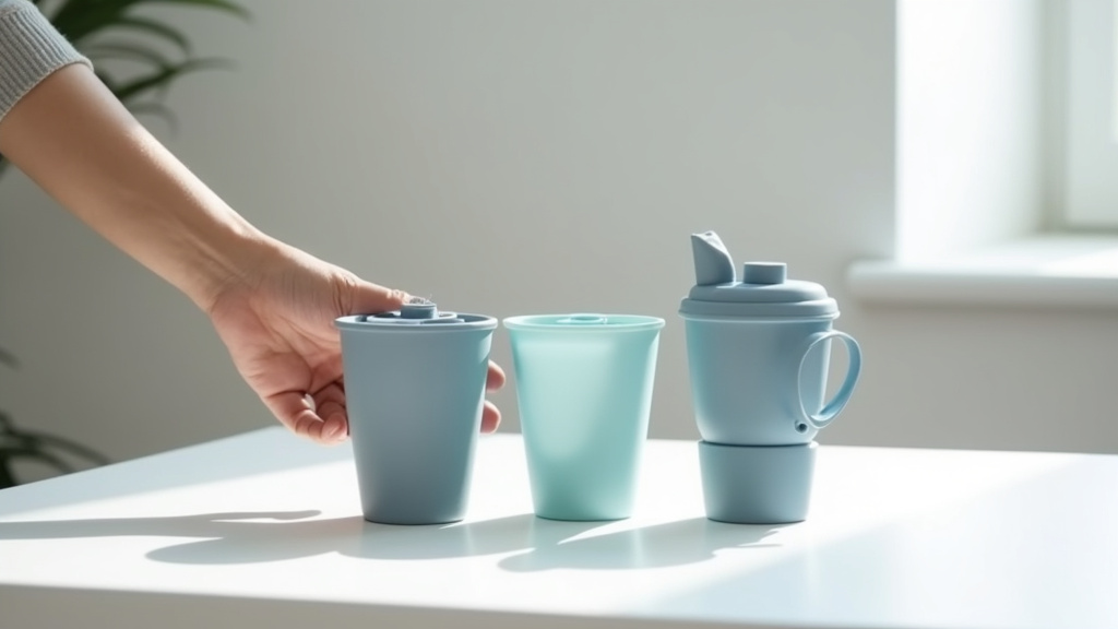 Personne âgée utilisant une tasse anti-renversement avec couvercle et bec verseur