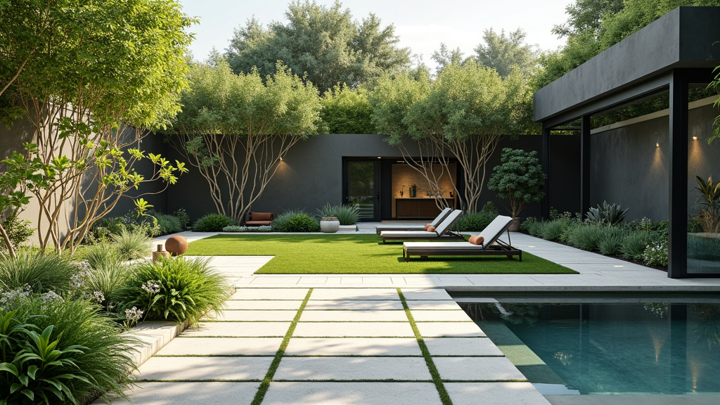 Jardin moderne avec lignes épurées, matériaux contemporains et aménagement minimaliste
